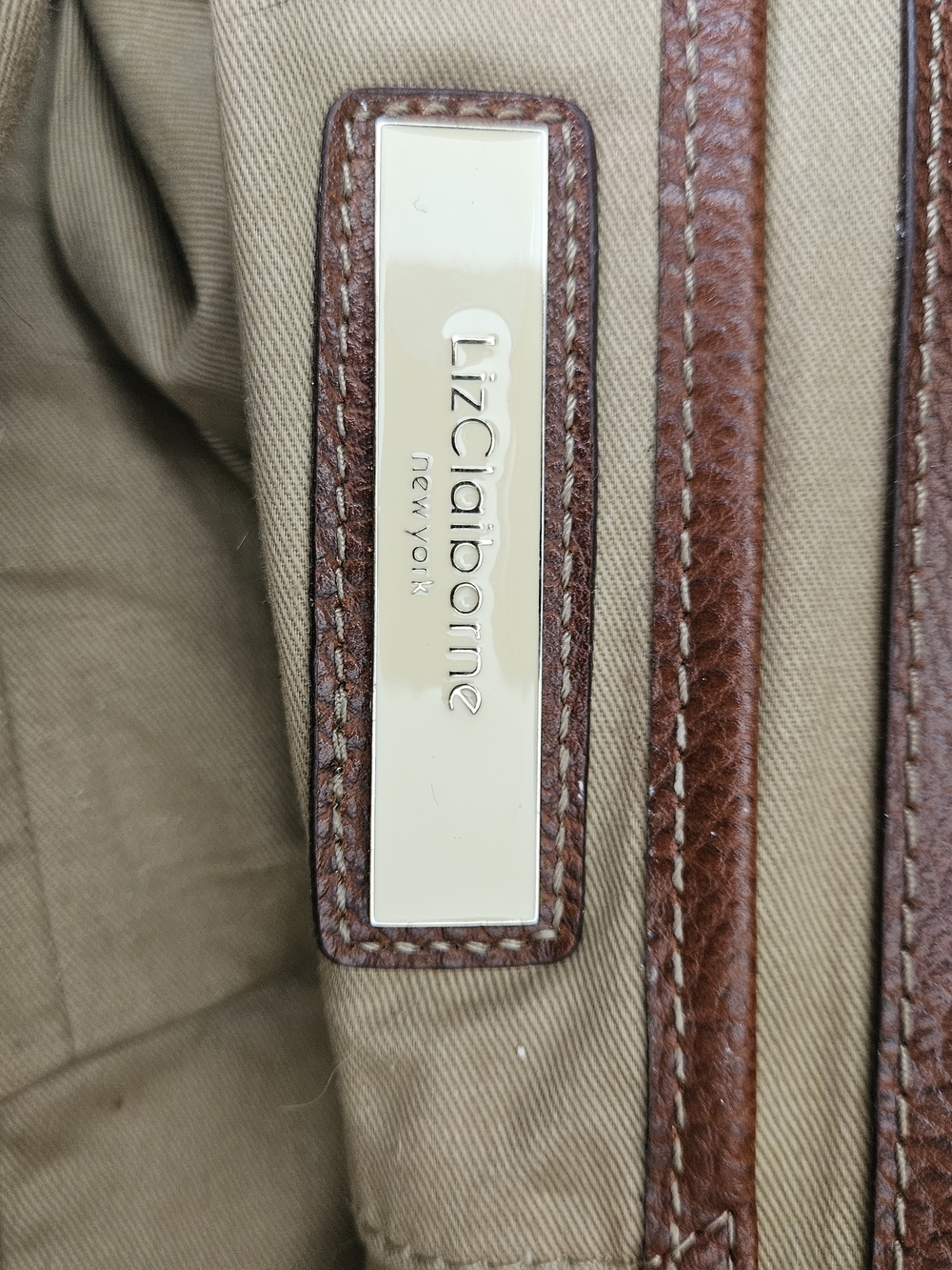Liz Claiborne Tan Canvas Bag with Brown Leather Trim and Silver Plate